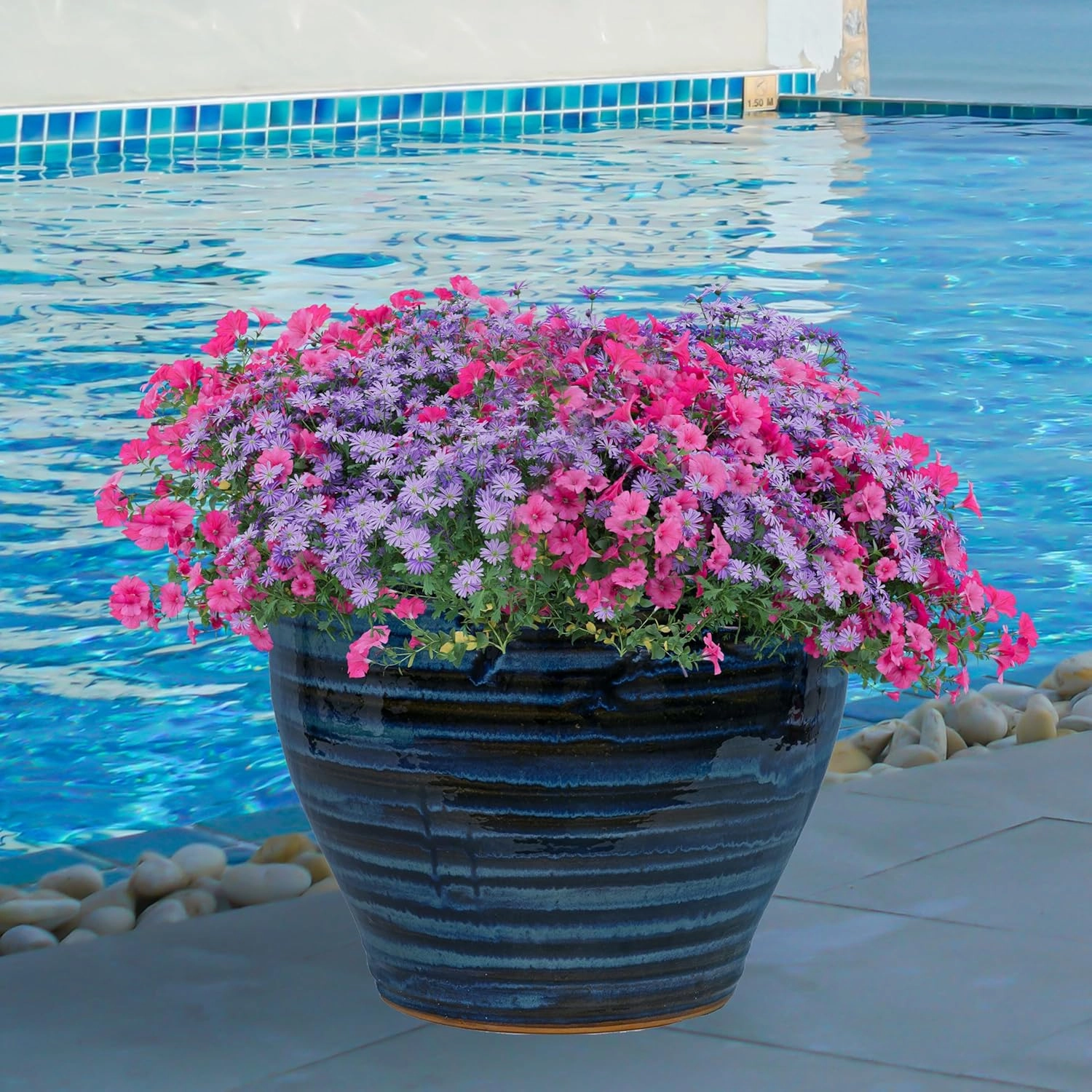 Sunnydaze 18.5" Large Ceramic Plant Pot - Round Outdoor Glazed Ceramic Planter Pot with Drainage - Galaxy Blue - Studio