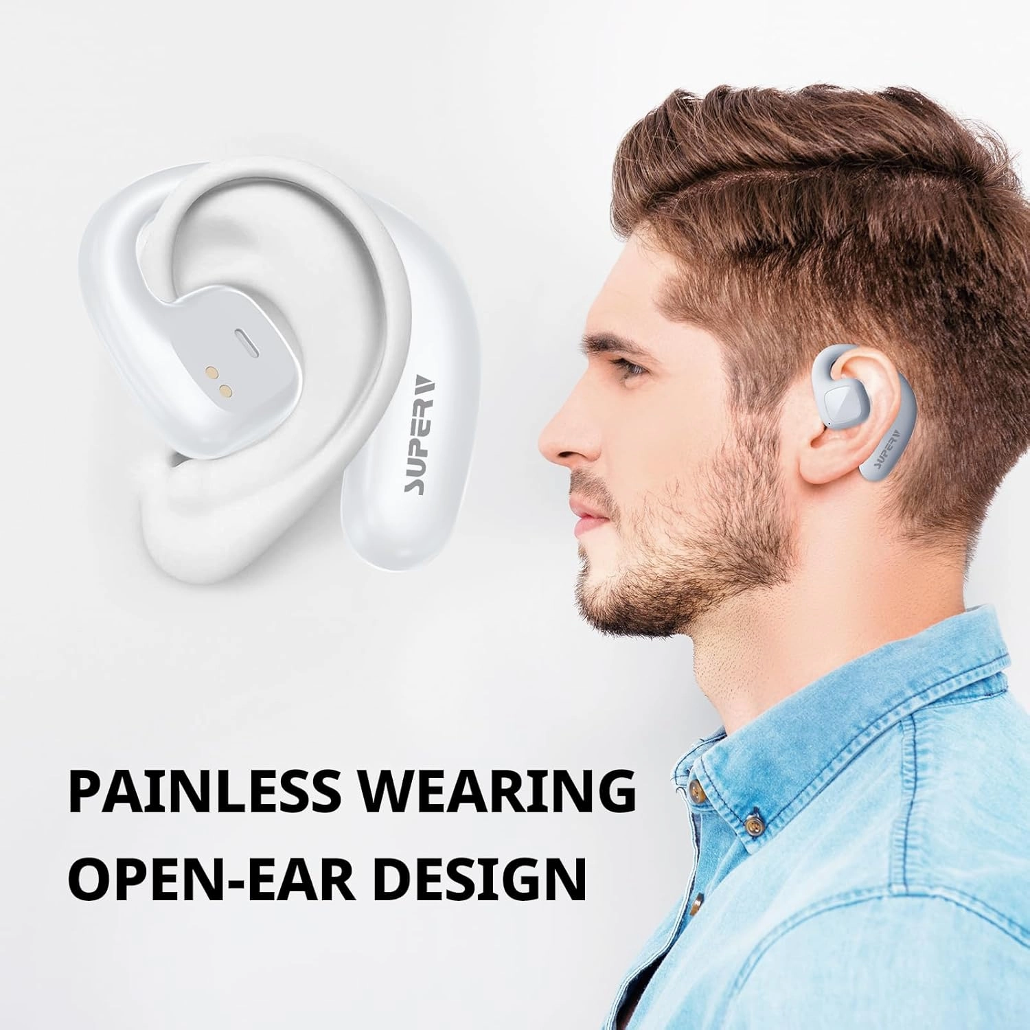 SUPERV Open Ear Headphones, Bluetooth 5.3 Wireless Earbuds with Earhooks,Fast Charging, Sweat Resistant, Digital Display Charging Case for Music, Game, Sport(White)