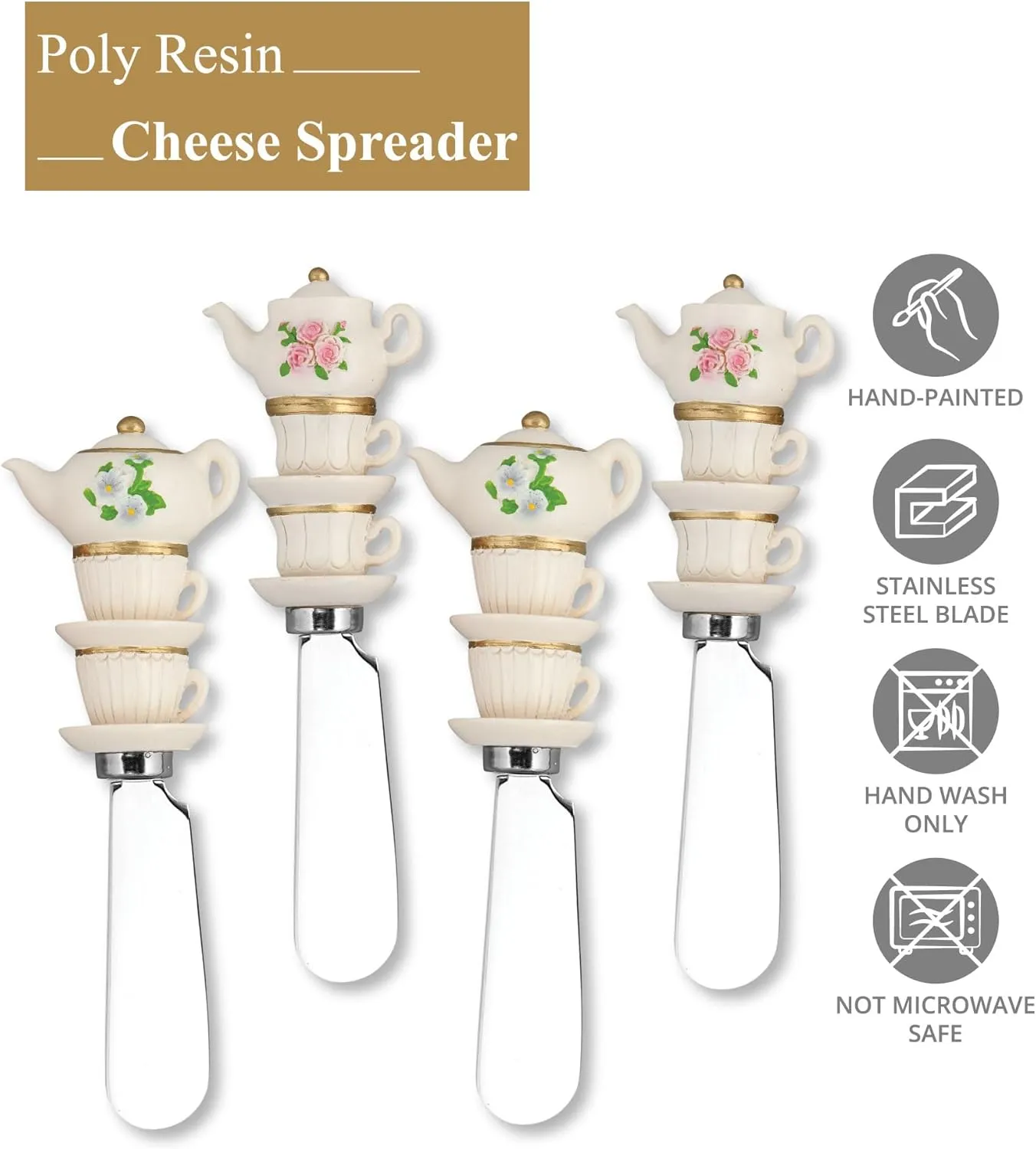 Supreme Housewares Tea Sets Cheese Spreaders, Hand-Painted Resin Handles with Stainless Steel Blades for Spreading Cream Cheese, Butter, and Jam, Assorted Designs, Set of 4