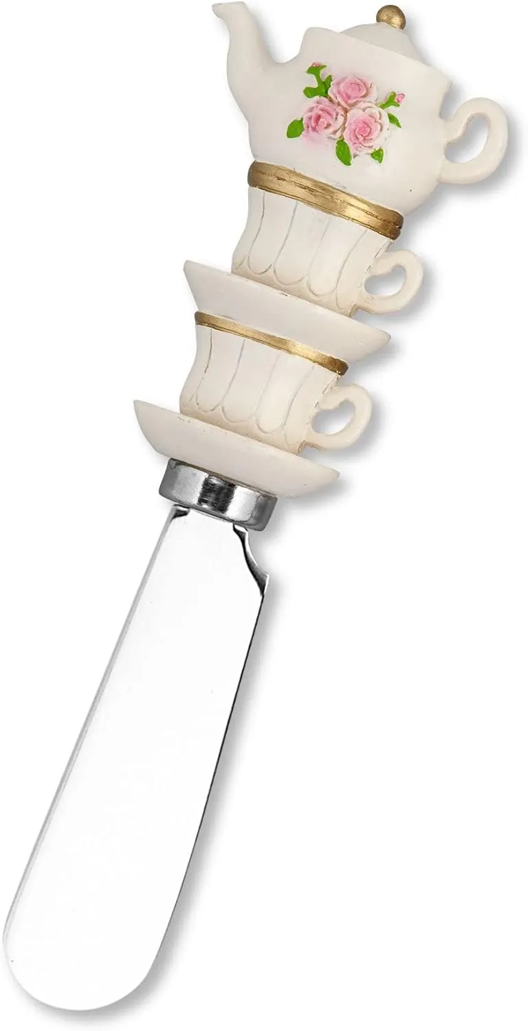 Supreme Housewares Tea Sets Cheese Spreaders, Hand-Painted Resin Handles with Stainless Steel Blades for Spreading Cream Cheese, Butter, and Jam, Assorted Designs, Set of 4