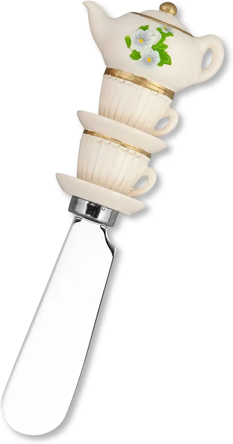 Supreme Housewares Tea Sets Cheese Spreaders, Hand-Painted Resin Handles with Stainless Steel Blades for Spreading Cream Cheese, Butter, and Jam, Assorted Designs, Set of 4