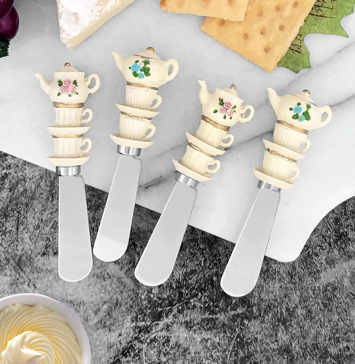 Supreme Housewares Tea Sets Cheese Spreaders, Hand-Painted Resin Handles with Stainless Steel Blades for Spreading Cream Cheese, Butter, and Jam, Assorted Designs, Set of 4