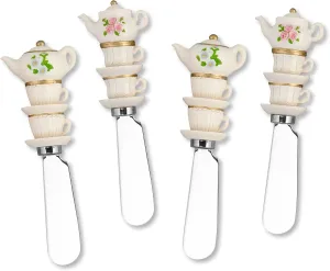 Supreme Housewares Tea Sets Cheese Spreaders, Hand-Painted Resin Handles with Stainless Steel Blades for Spreading Cream Cheese, Butter, and Jam, Assorted Designs, Set of 4