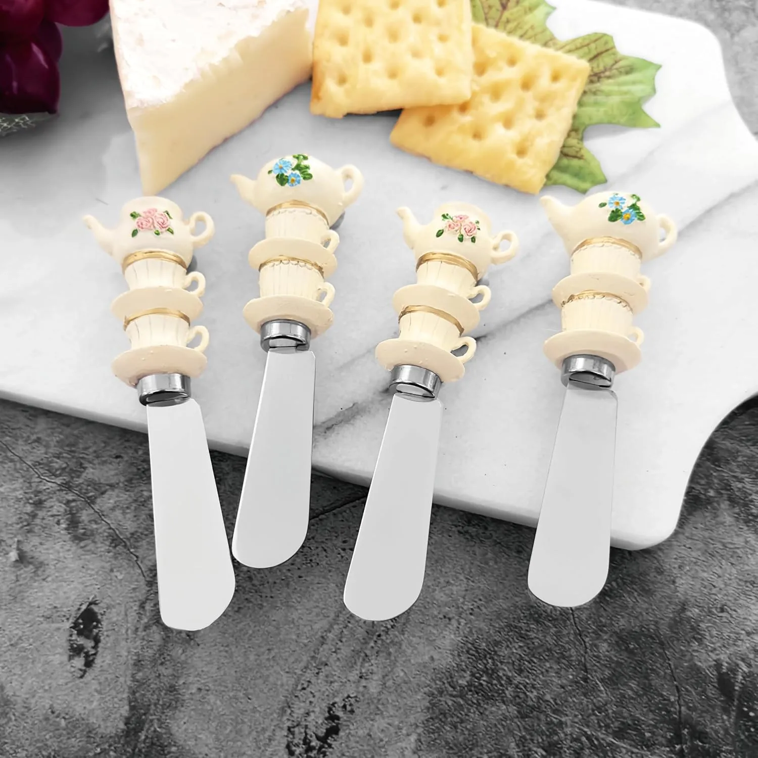 Supreme Housewares Tea Sets Cheese Spreaders, Hand-Painted Resin Handles with Stainless Steel Blades for Spreading Cream Cheese, Butter, and Jam, Assorted Designs, Set of 4