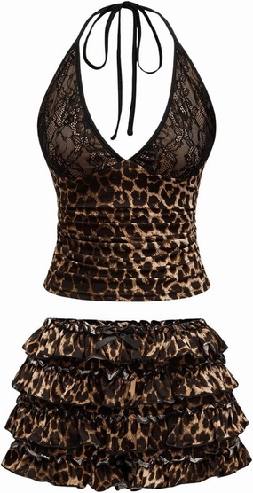 SweatyRocks Women's Y2K Skirts Sets Leopard Print Lace Halter Top and Layered Mini Skirt 2 Piece Outfit