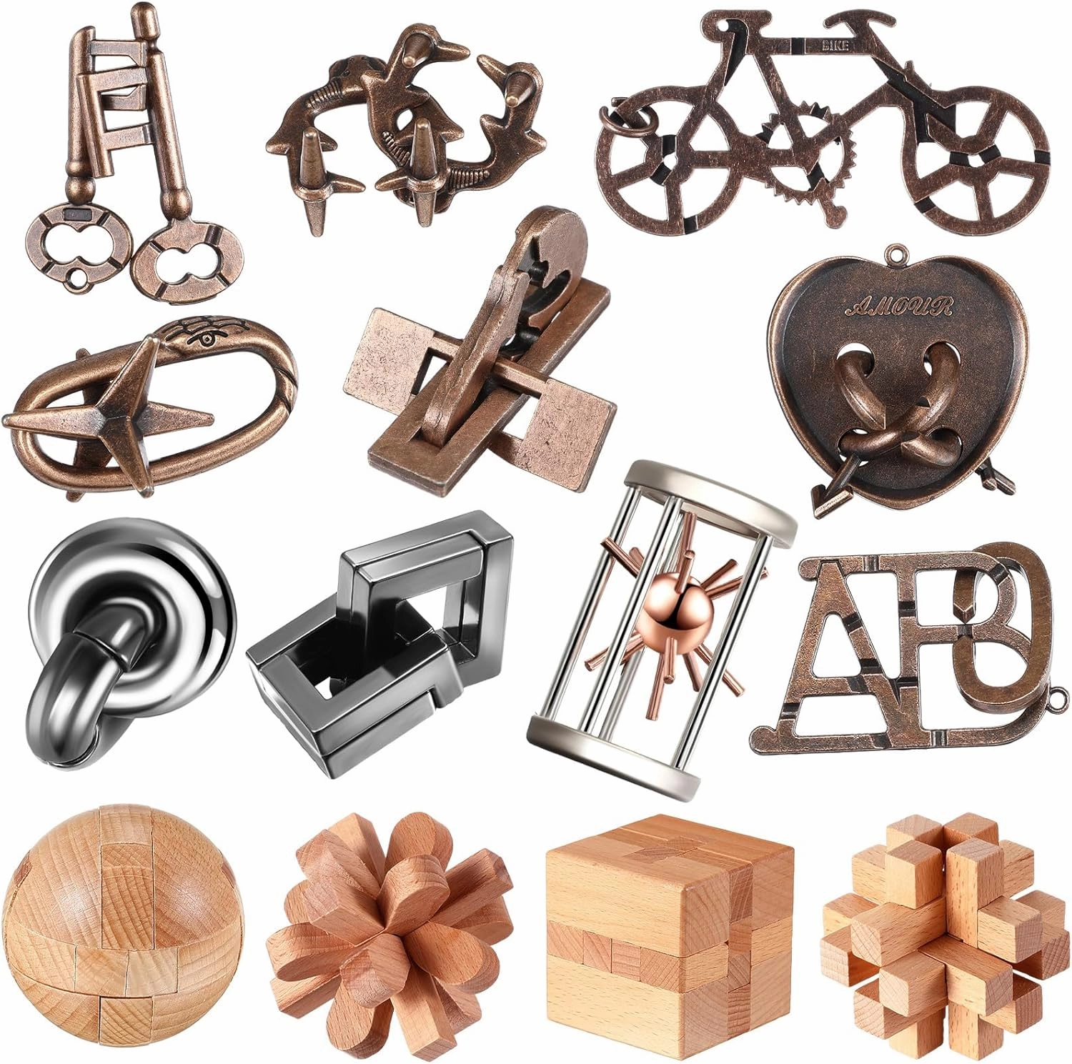 Syhood 14 Pcs Brain Puzzles Teaser for Adults Metal 3D Steel Mind Games Wooden Unlock Interlocking Puzzle Adult Iq Education Toys Smart Toy(Classic)