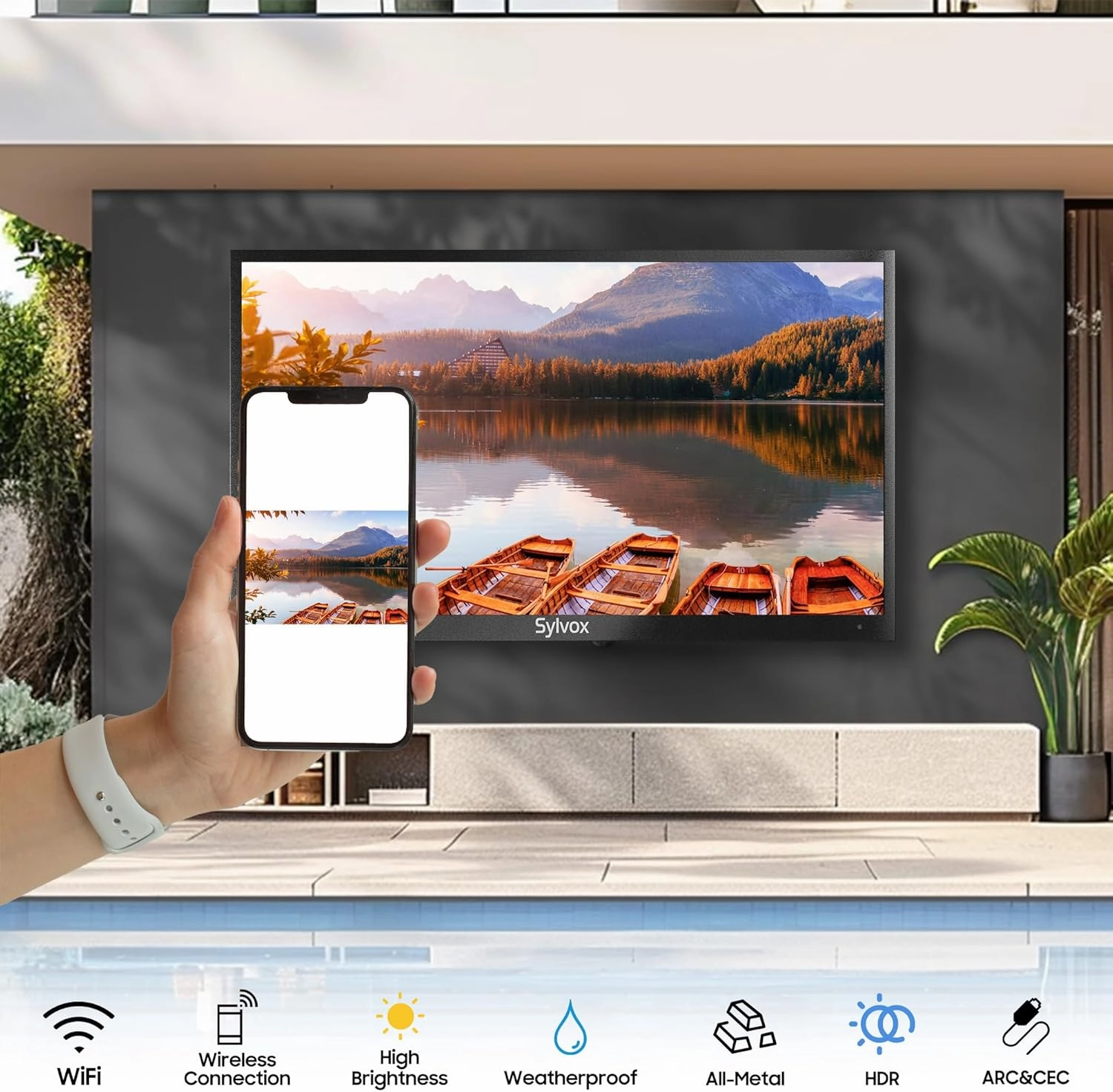 SYLVOX New 65” Outdoor Smart TV, Superior Waterproof Performance, Upgraded Matte Finish for Enhanced Anti-Glare Effect, Full Metal, with Dolby Atoms, 1000nits, Partial Sun Deck Pro 2.0  Series