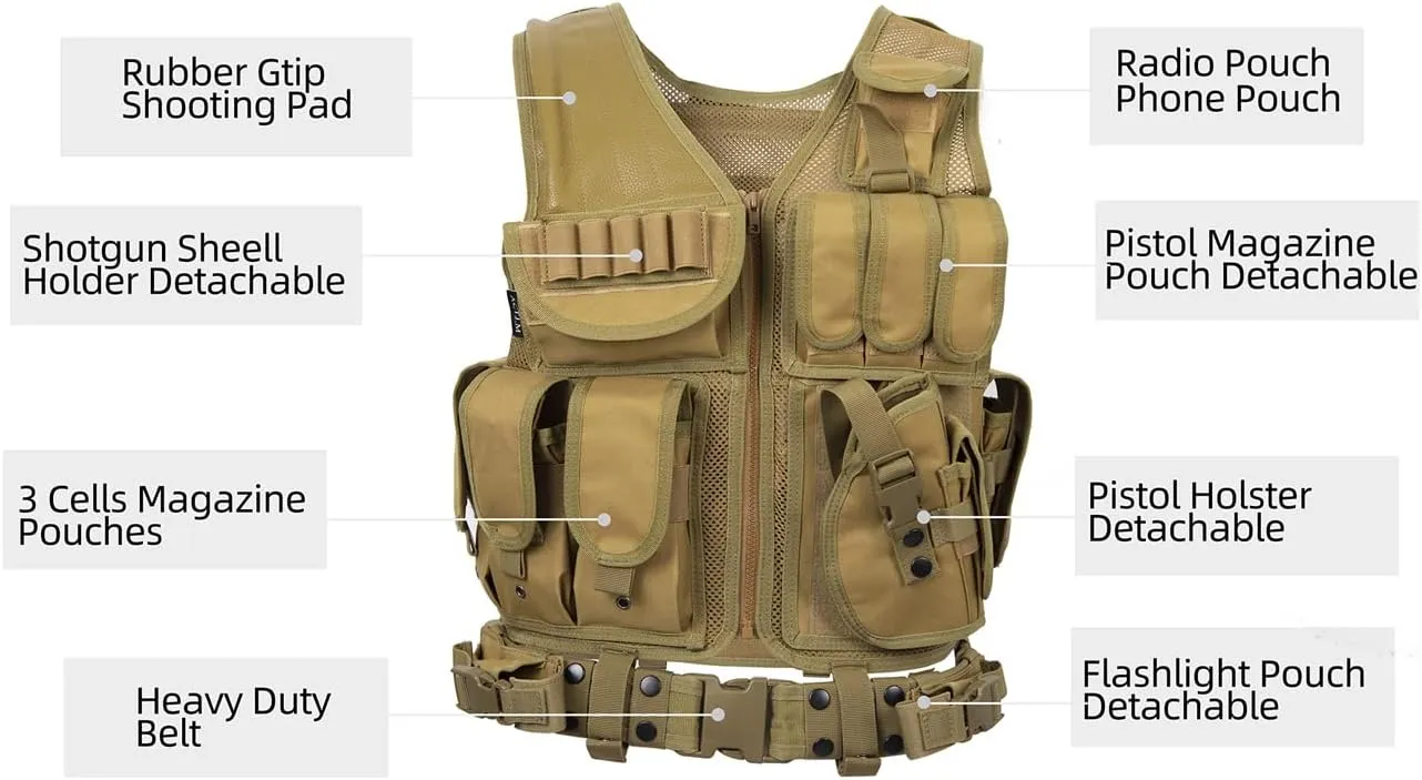 Tactical Combat Vest with Holster for Adult Airsoft Training Black Lightweight