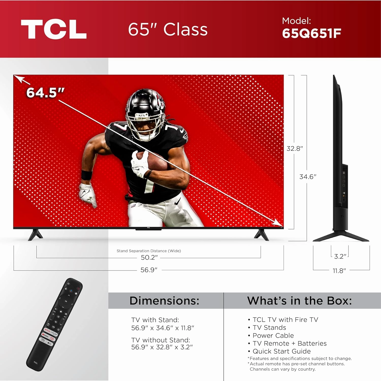 TCL 65-Inch Class Q65 QLED 4K Smart TV with Fire TV (65Q651F, 2024 Model), Dolby Vision, HDR PRO , Dolby Atmos, Alexa Built-in with Voice Remote, Apple AirPlay 2 Compatibility, Streaming Television