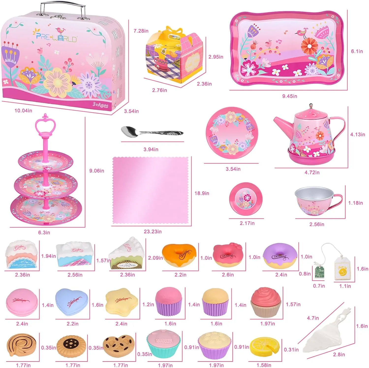 Tea Party Set for Toddles 3-5,PRE-WORLD Musical Kids Tea Set for Little Girls with Dessert,Cookies,Doughnut,Cake,Cake Stand,Tablecloth & Carrying Case,Kitchen Pretend Play Toys for Girls Boys Age 3-6