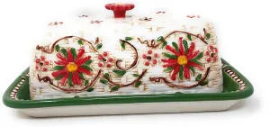Temp-tations Covered Butter Dish, Hand Painted Stoneware Table Accessory (Basketweave, Old World Poinsettia)