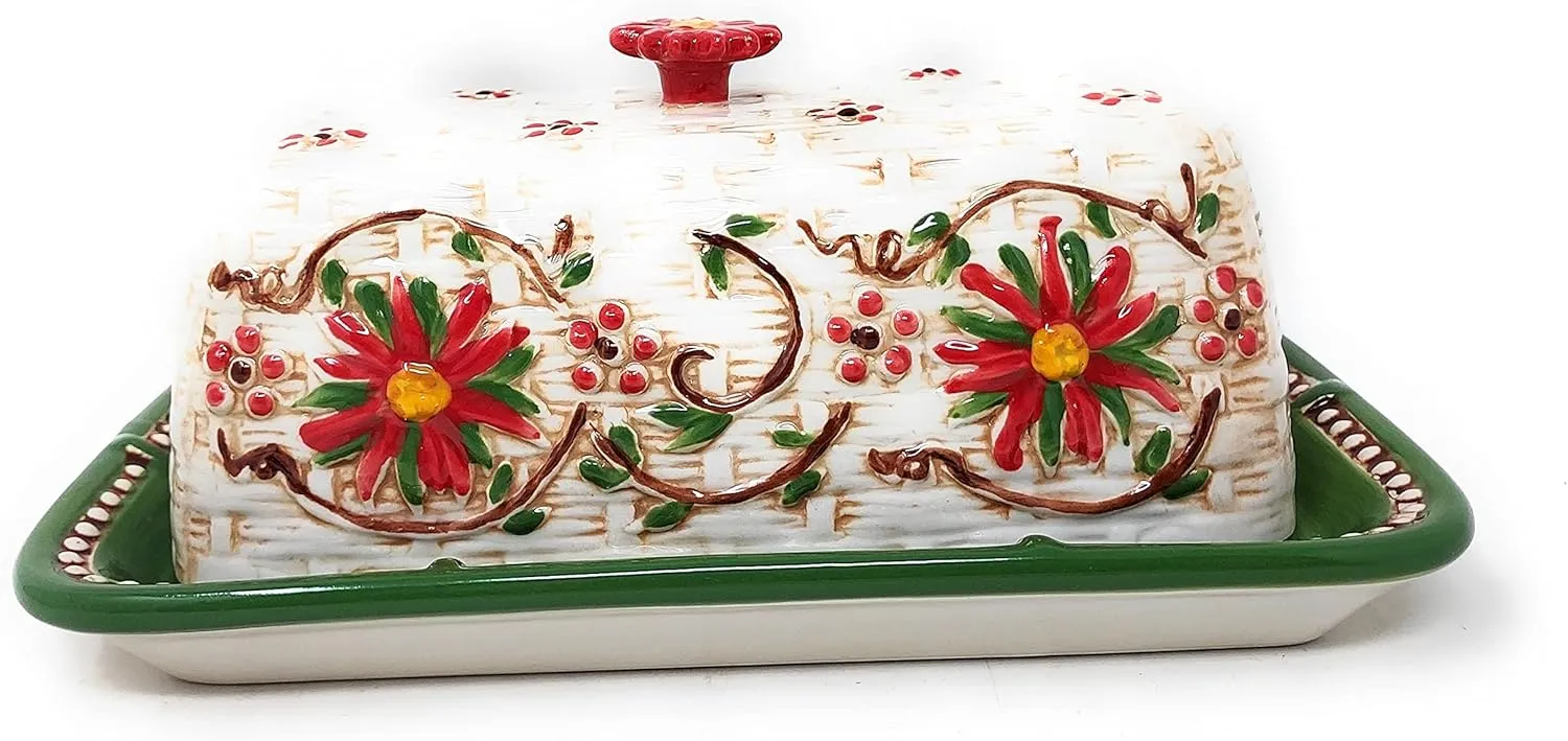 Temp-tations Covered Butter Dish, Hand Painted Stoneware Table Accessory (Basketweave, Old World Poinsettia)