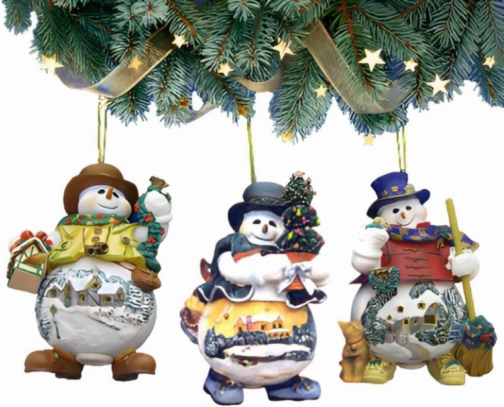 The Ashton-Drake Galleries Memories of Christmas Snowman Ornament Collection Issue #6 Set of 3 Christmas Decoration by Thommas Kinkade 4-inches