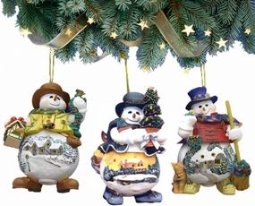 The Ashton-Drake Galleries Memories of Christmas Snowman Ornament Collection Issue #6 Set of 3 Christmas Decoration by Thommas Kinkade 4-inches