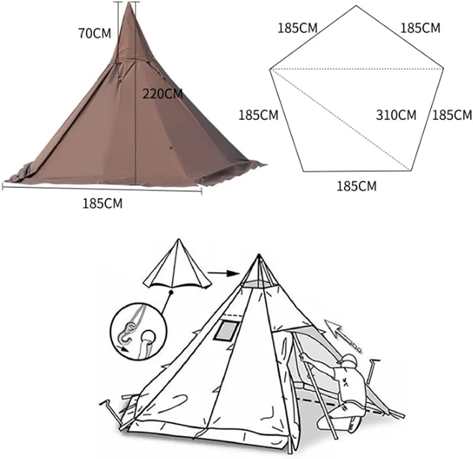 Tipi Hot Tents Outdoor Tents Teepee with Stove Hole Waterproof Family Pyramid Tent Camping Backpacking Hiking Mountaineering Heated Shelter