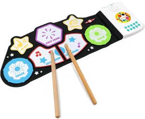 Toddler Kids Drum Set, Musical Instruments Toys for Toddlers Kids Sensory Toys, Roll-up Educational Percussion Drum Pad Built-in Speakers Wood Drum Sticks, 10  Songs, Voice Control, TD-07