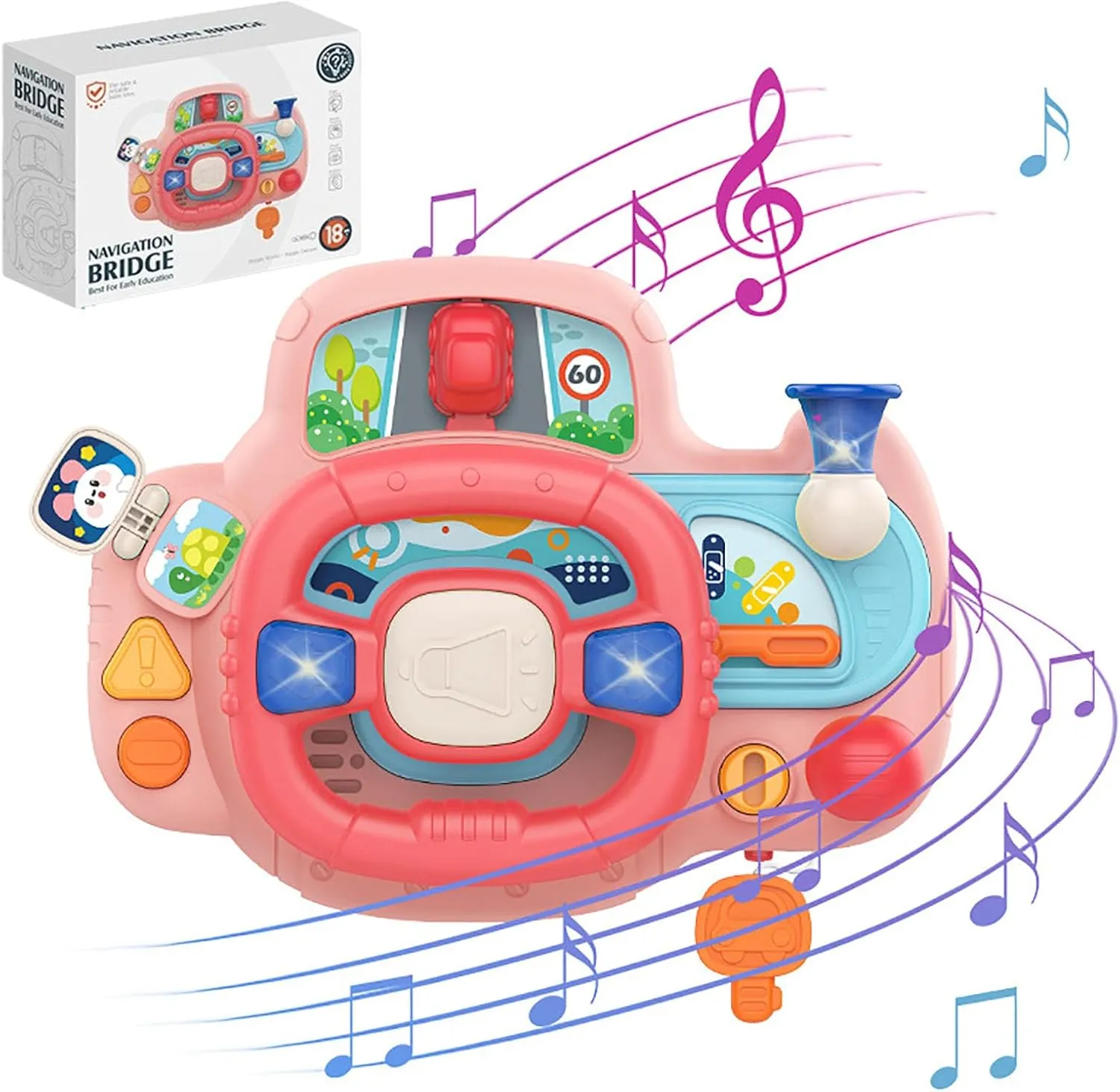 Toddler Steering Wheel Toy - Simulation Driving Learning Educational Toys -Toddler Steering Interactive Learning, Baby Car Toys for 18  Months Boys Girls (Pink)