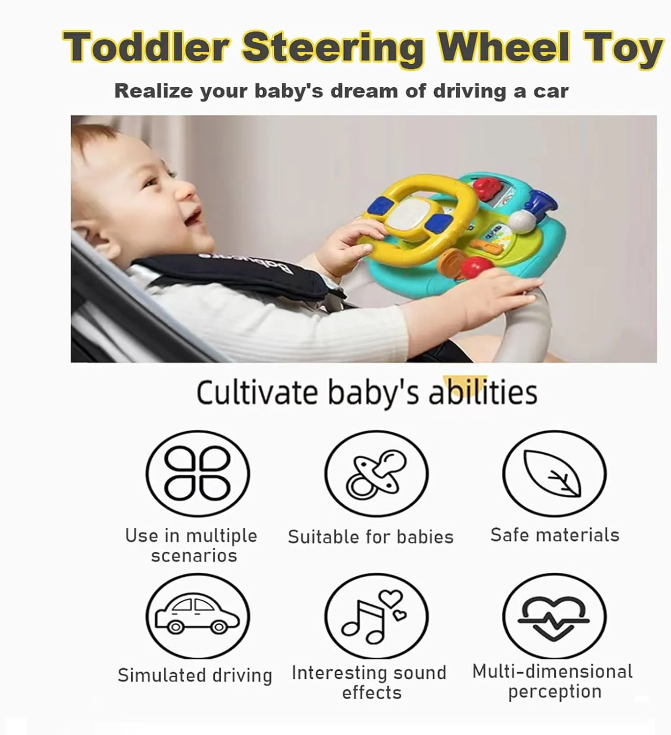 Toddler Steering Wheel Toy - Simulation Driving Learning Educational Toys -Toddler Steering Interactive Learning, Baby Car Toys for 18  Months Boys Girls (Pink)