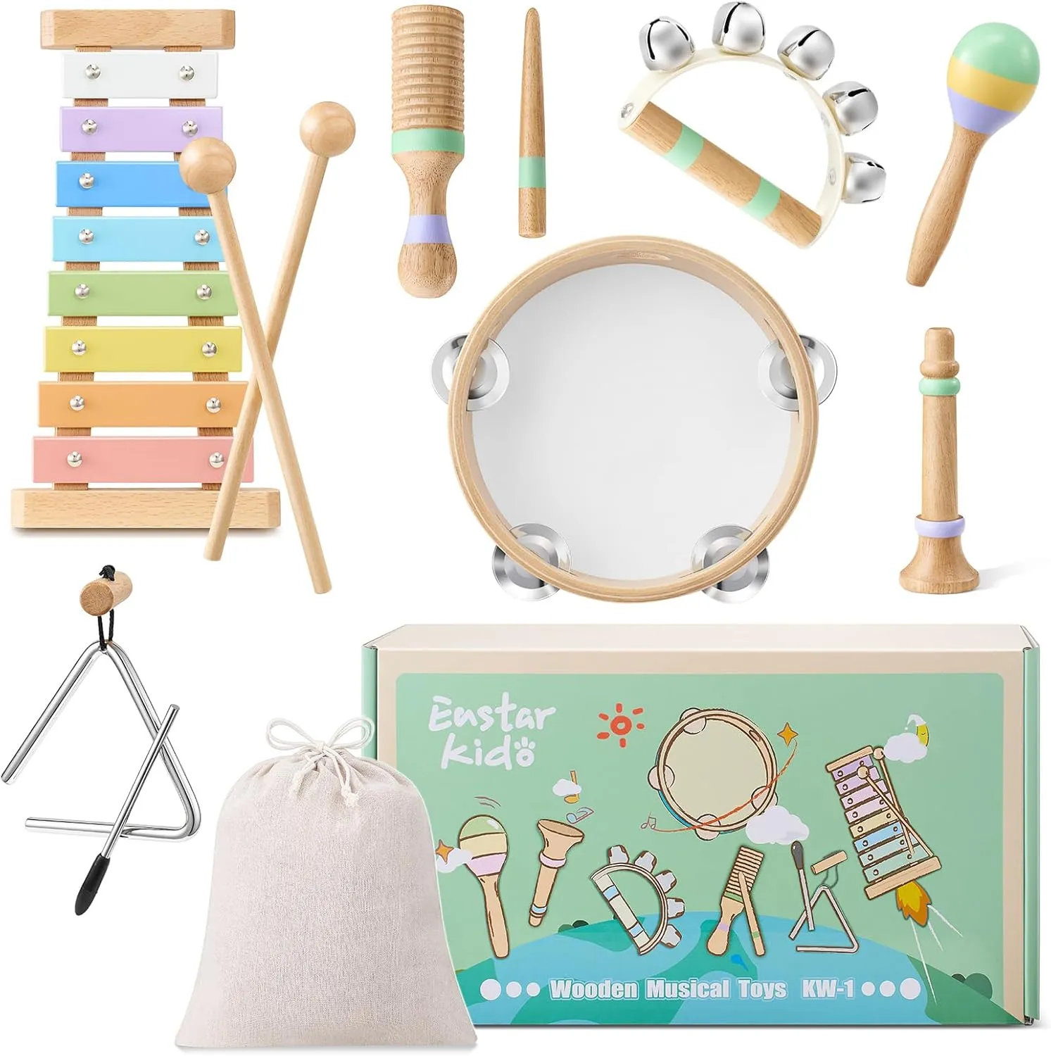 Toddlers Musical Instruments Wooden Montessori Musical Toys for Kids 3 , Eastar Kido Percussion Instruments Set Preschool Educational Toys for Boys Girls with Storage Bag Christmas Birthday Gifts KW-1