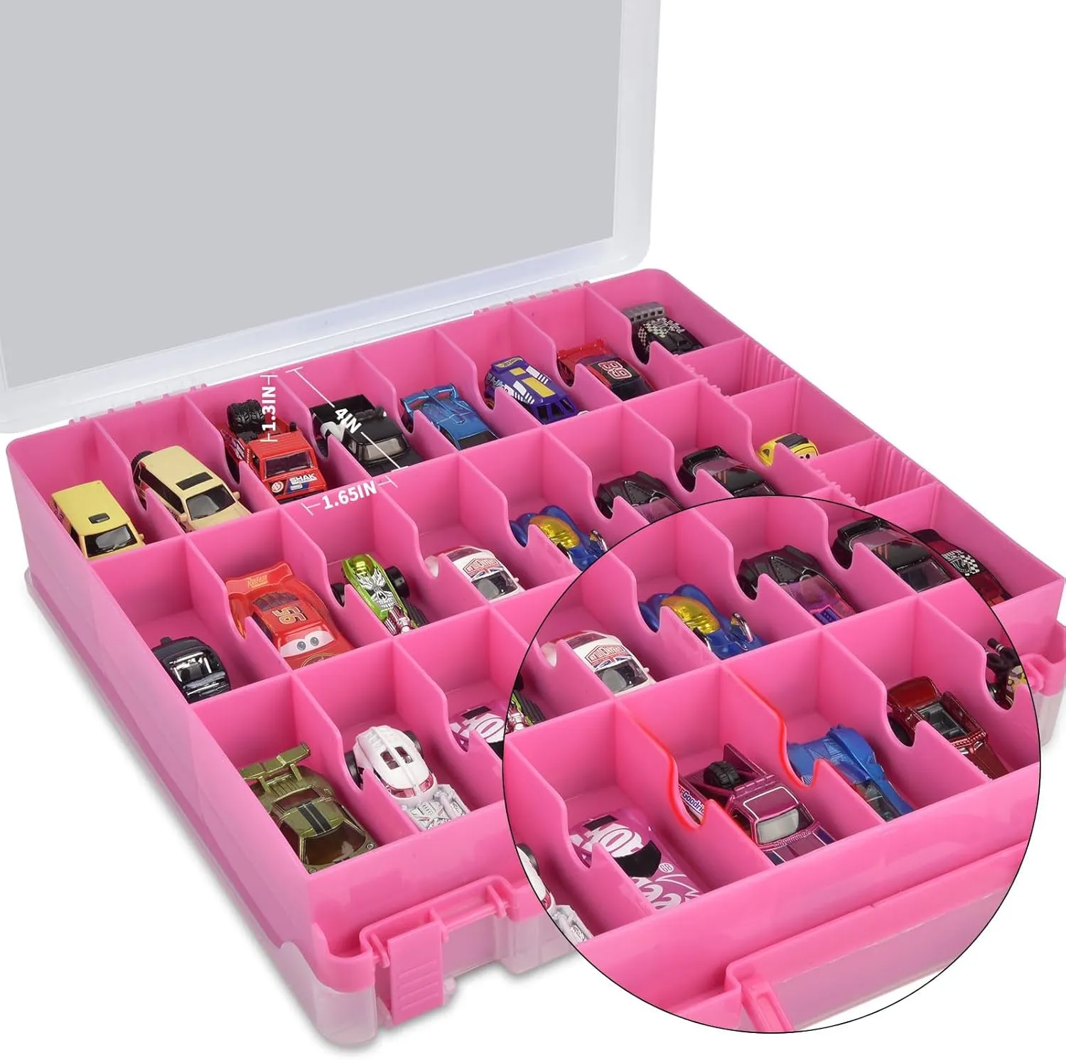 Toy Car Storage Organizer Case Compatible with Hot Wheels/for Matchbox Cars. Display Carrying Container Holder for LOL Surprise Dolls/for Shopkins with 48 Compartments Double Sided-Pink (Box Only)