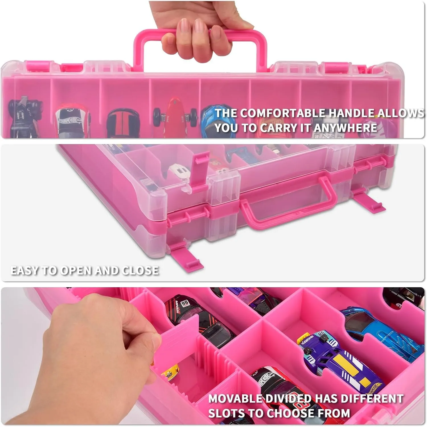 Toy Car Storage Organizer Case Compatible with Hot Wheels/for Matchbox Cars. Display Carrying Container Holder for LOL Surprise Dolls/for Shopkins with 48 Compartments Double Sided-Pink (Box Only)