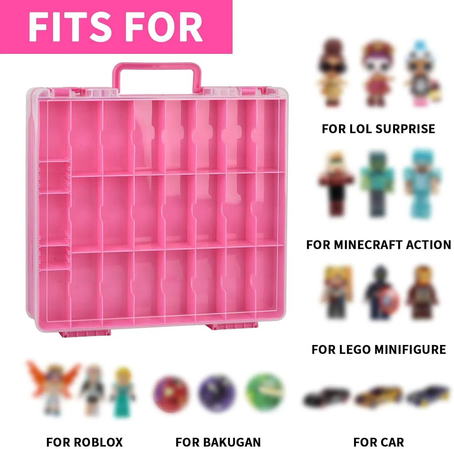 Toy Car Storage Organizer Case Compatible with Hot Wheels/for Matchbox Cars. Display Carrying Container Holder for LOL Surprise Dolls/for Shopkins with 48 Compartments Double Sided-Pink (Box Only)