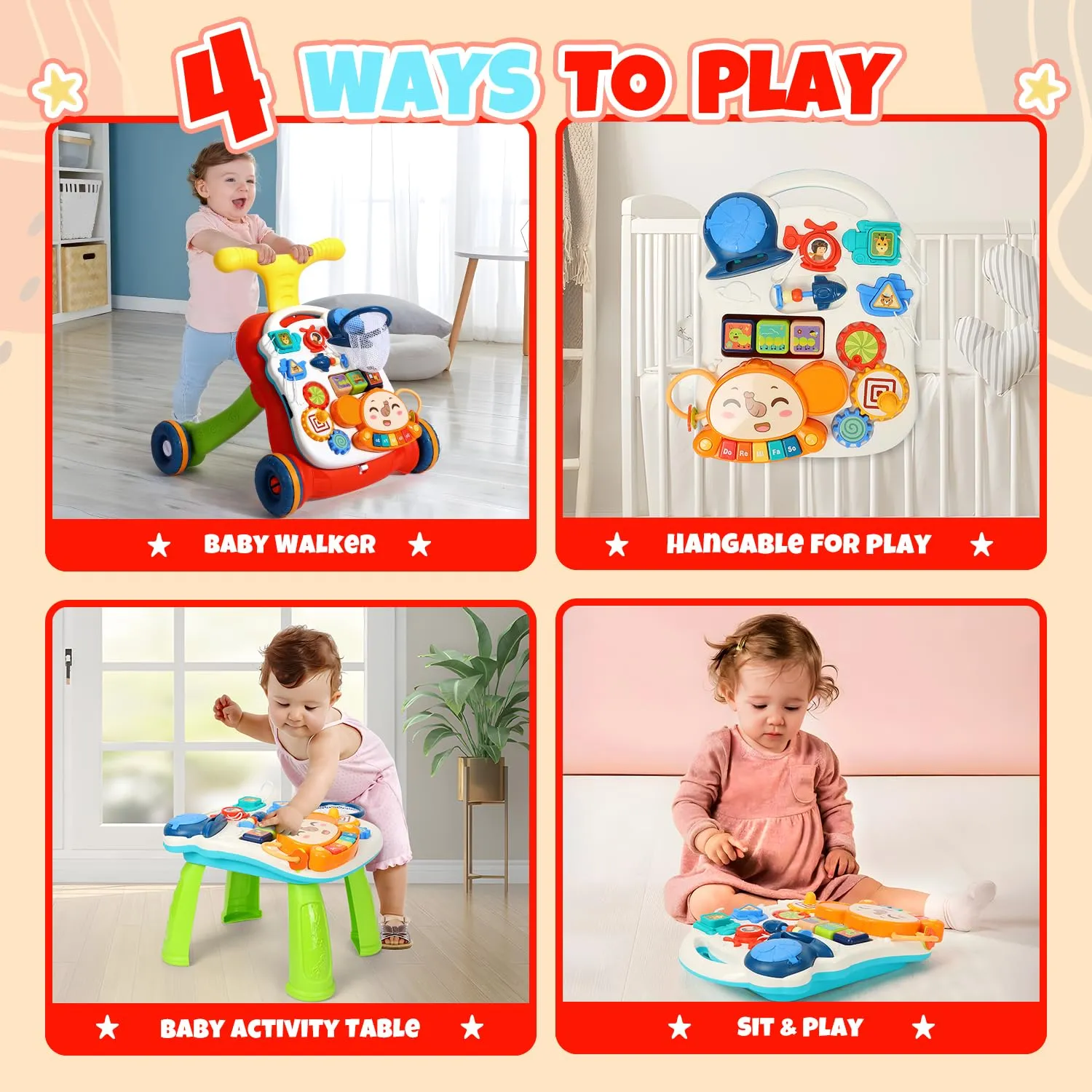 TOY Life 3 in 1 Baby Push Walker and Activity Center, Sit to Stand Walker for Babies 6-12 Months, Baby Walking Toys with Music Panel for Girls Boys, Toddlers Push Toys Gifts for Learning to Walk Red