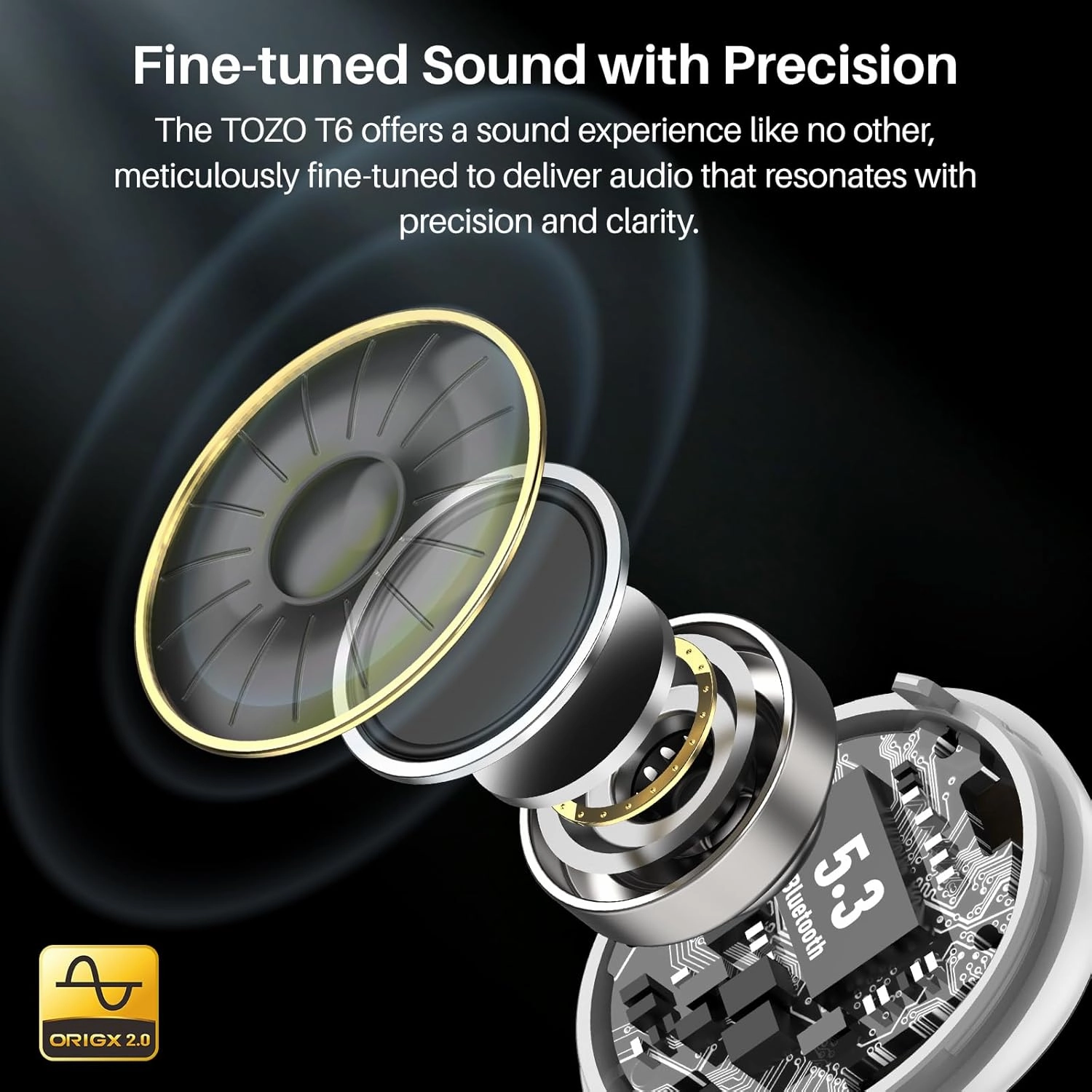 TOZO T6 True Wireless Earbuds Bluetooth 5.3 Headphones 50H Long Playtime, Wireless Charging Case, IPX8 Waterproof Stereo Earphones, Built-in Mic Calls, Headset Premium Deep Bass 32 Preset EQs via APP