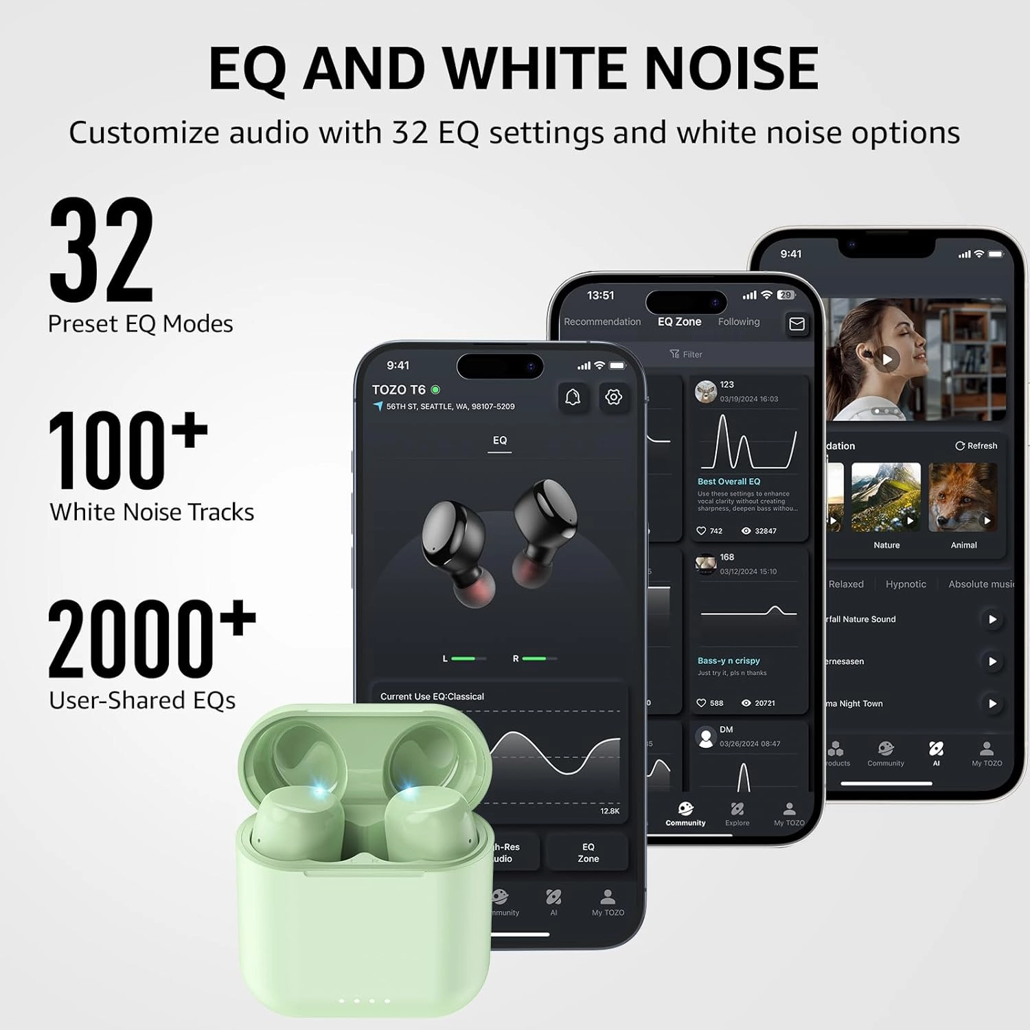 TOZO T6 True Wireless Earbuds Bluetooth 5.3 Headphones 50H Long Playtime, Wireless Charging Case, IPX8 Waterproof Stereo Earphones, Built-in Mic Calls, Headset Premium Deep Bass 32 Preset EQs via APP