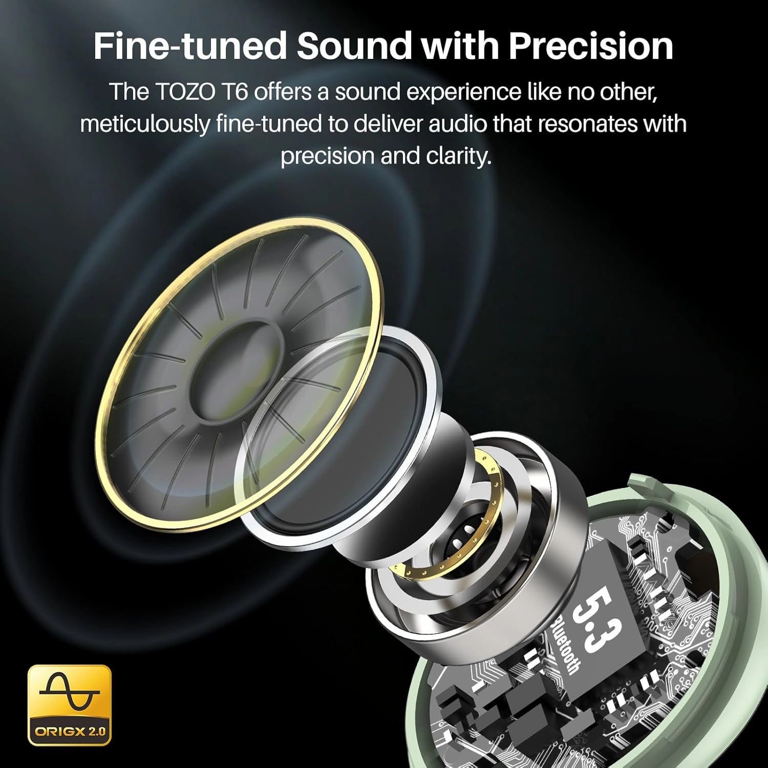 TOZO T6 True Wireless Earbuds Bluetooth 5.3 Headphones 50H Long Playtime, Wireless Charging Case, IPX8 Waterproof Stereo Earphones, Built-in Mic Calls, Headset Premium Deep Bass 32 Preset EQs via APP