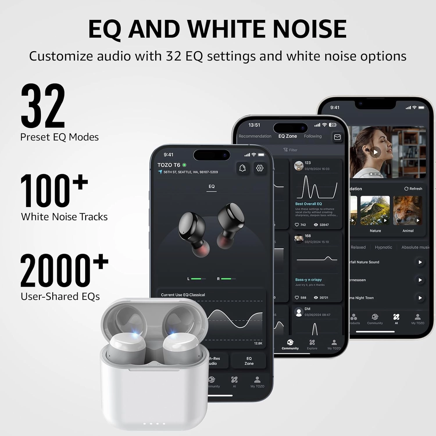 TOZO T6 True Wireless Earbuds Bluetooth 5.3 Headphones 50H Long Playtime, Wireless Charging Case, IPX8 Waterproof Stereo Earphones, Built-in Mic Calls, Headset Premium Deep Bass 32 Preset EQs via APP