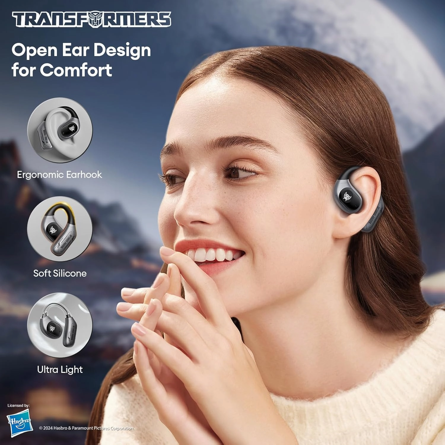 Transformers Open Ear Earbuds Wireless Bluetooth 5.4 Open Ear Headphones 60H Playtime Air Conduction Ear Buds Smart Control Over The Ear Earbuds for Gym Cycling Yoga Workouts, TF-T18 Optimus Primal