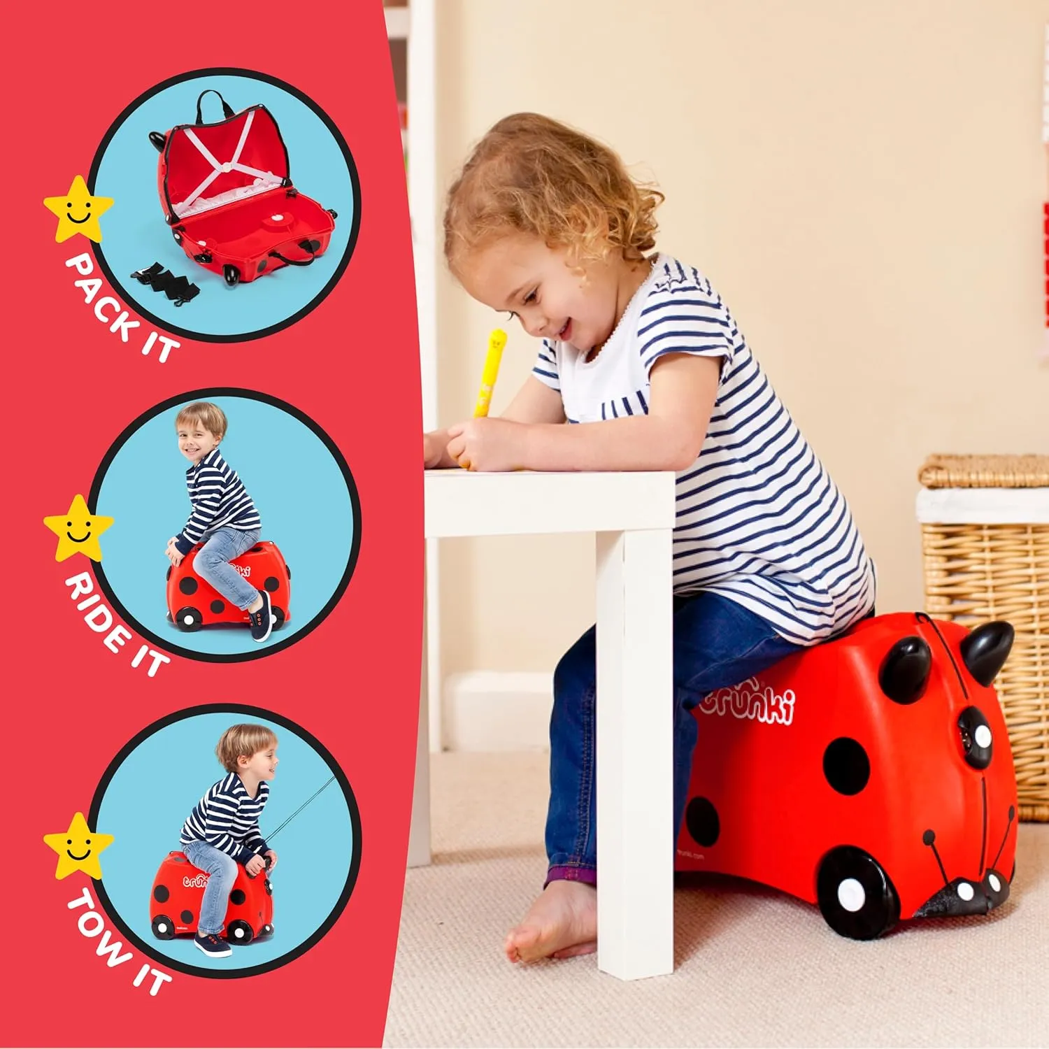 Trunki Ride-On Kids Suitcase | Tow-Along Toddler Luggage | Carry-On Cute Bag with Wheels | Kids Luggage and Airplane Travel Essentials: Harley Ladybug Red