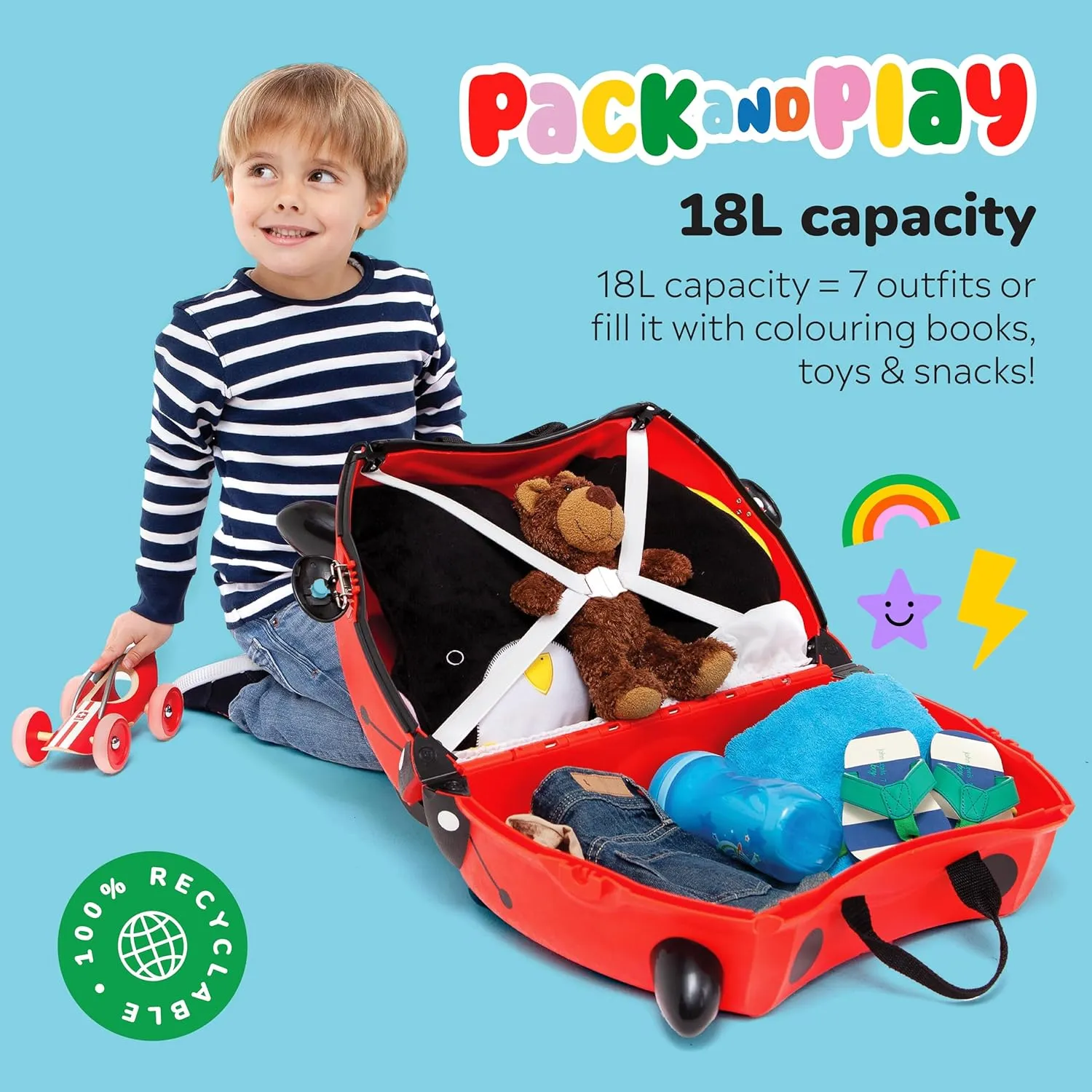 Trunki Ride-On Kids Suitcase | Tow-Along Toddler Luggage | Carry-On Cute Bag with Wheels | Kids Luggage and Airplane Travel Essentials: Harley Ladybug Red