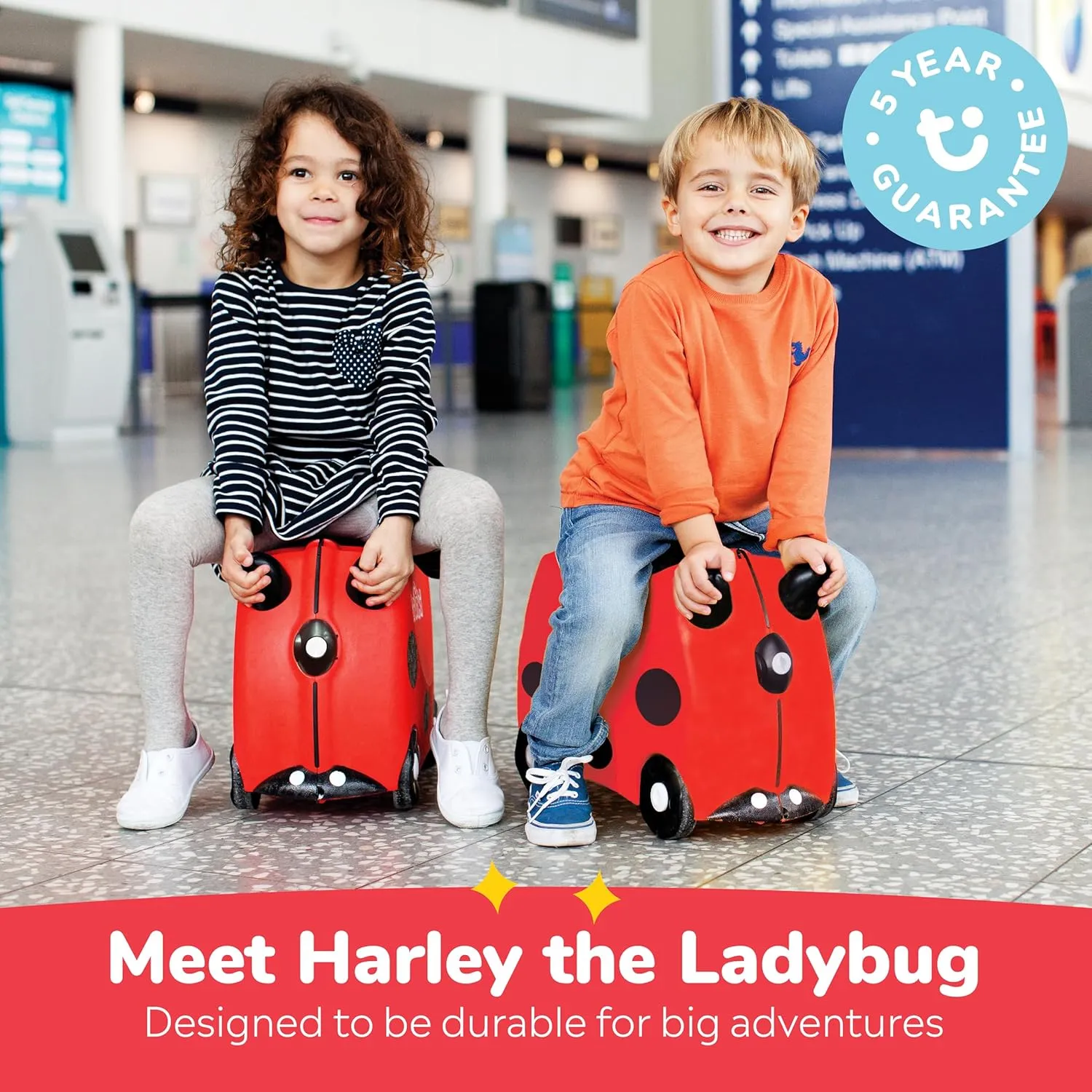 Trunki Ride-On Kids Suitcase | Tow-Along Toddler Luggage | Carry-On Cute Bag with Wheels | Kids Luggage and Airplane Travel Essentials: Harley Ladybug Red