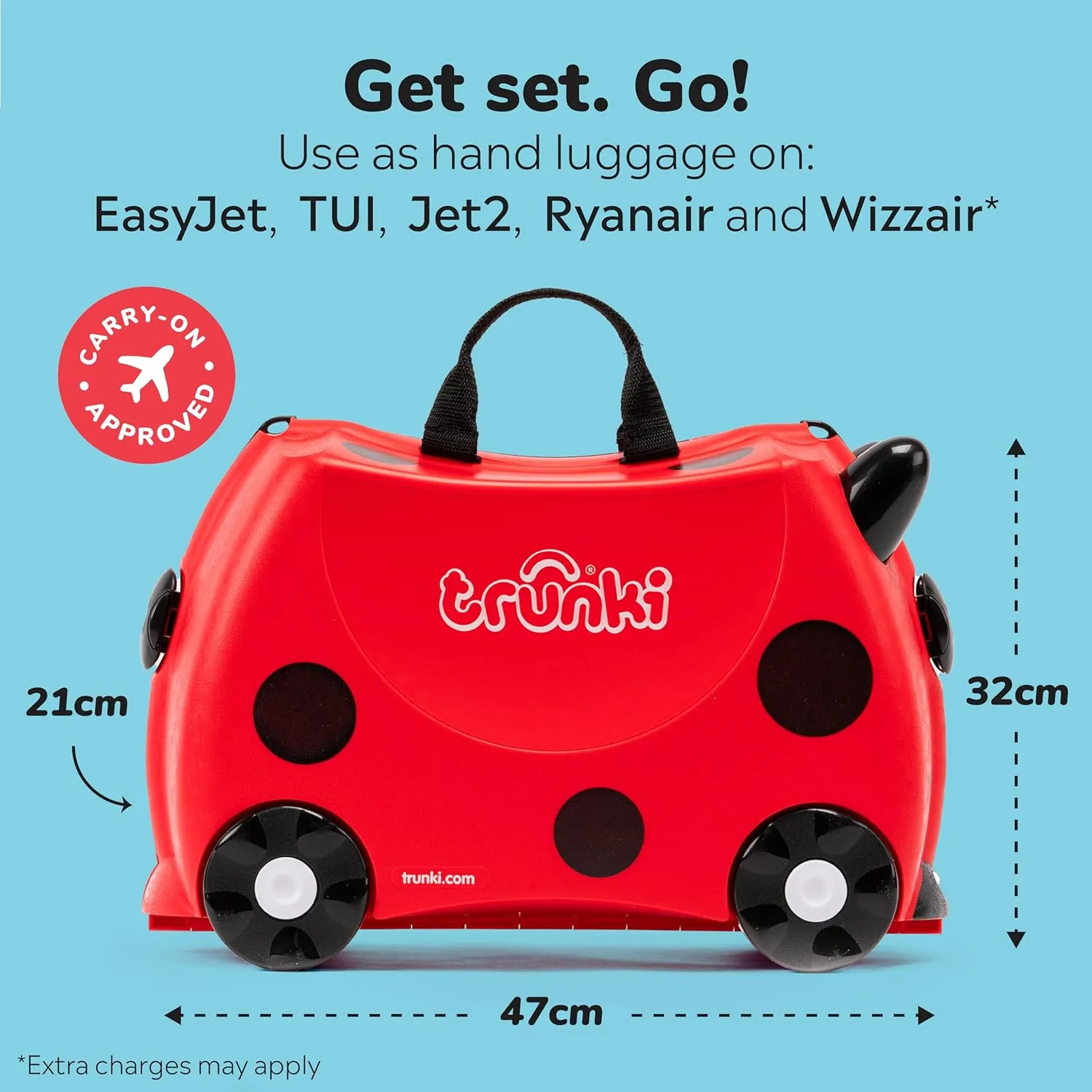 Trunki Ride-On Kids Suitcase | Tow-Along Toddler Luggage | Carry-On Cute Bag with Wheels | Kids Luggage and Airplane Travel Essentials: Harley Ladybug Red