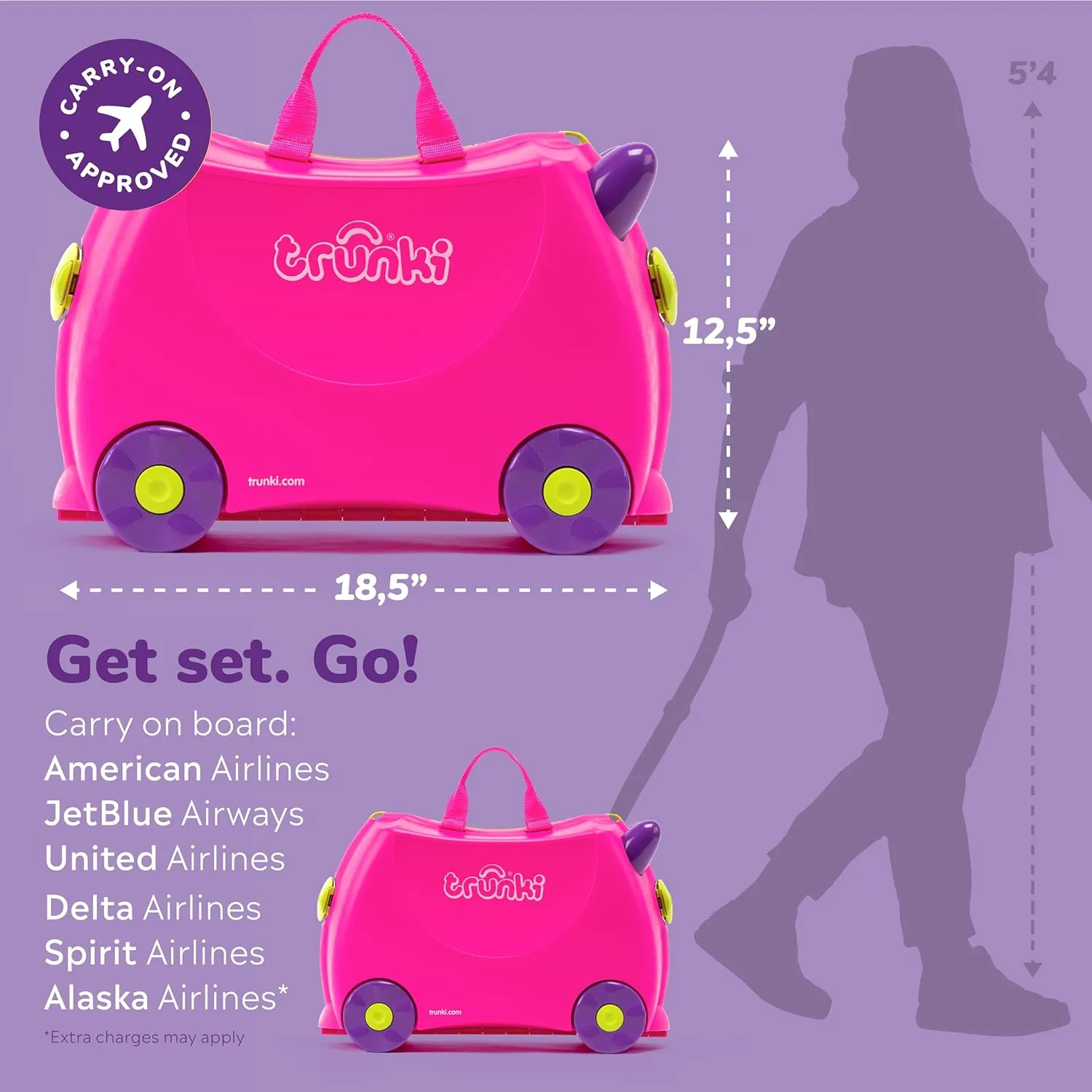 Trunki Ride-On Kids Suitcase | Tow-Along Toddler Luggage | Carry-On Cute Bag with Wheels | Kids Luggage and Airplane Travel Essentials: Trixie Girl Pink