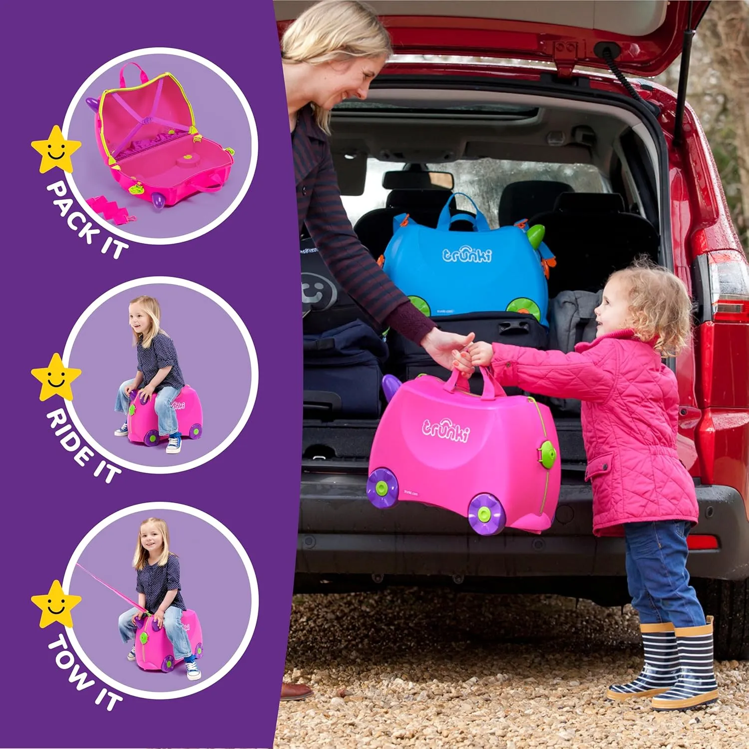 Trunki Ride-On Kids Suitcase | Tow-Along Toddler Luggage | Carry-On Cute Bag with Wheels | Kids Luggage and Airplane Travel Essentials: Trixie Girl Pink