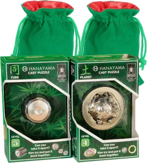Tube & Planet Hanayama Puzzles, with Green Velvet/Red Satin Drawstring Pouches, New in 2022 & 2023, Bundled Items