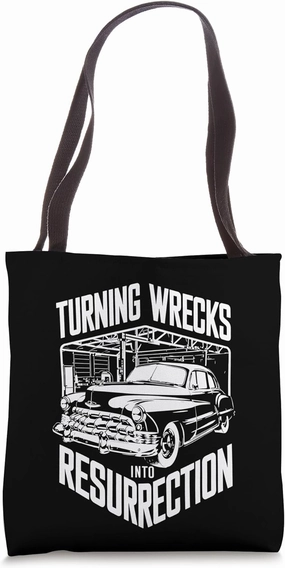 Turning Wrecks into Resurrection Classic Car Restoration Tote Bag