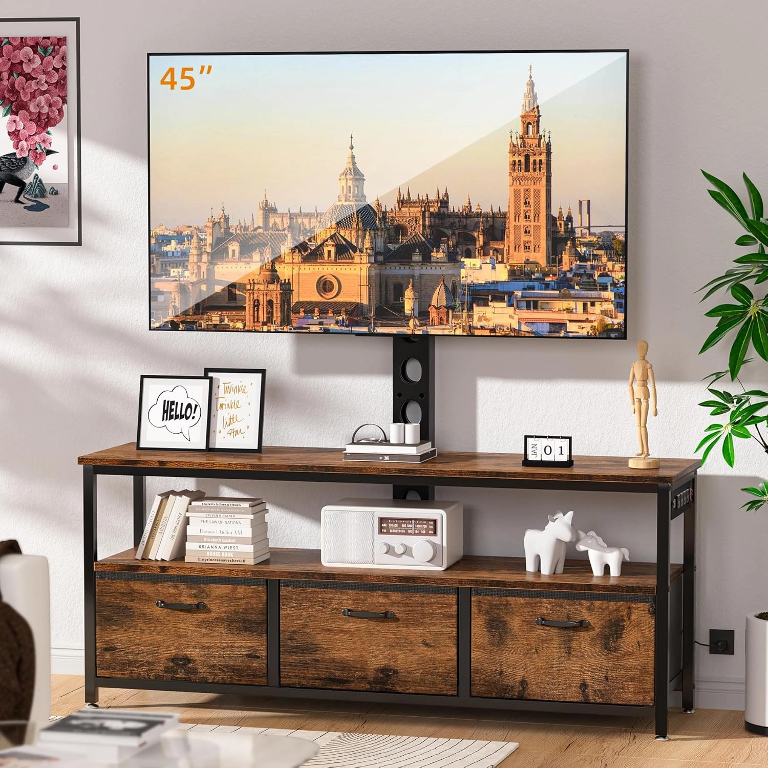 TV Stand with Mount and Power Outlet, Swivel TV Stands Mount with LED Lights for 32/45/55/60/65 inch TVs, Entertainment Center with Storage/Drawers, Media Console for Living Room, Bedroom