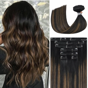 UKira Balayage Hair Extensions Real Human Hair, 12 Inch 100g 7pcs Natural Black to Chestnut Brown Ombre Clip in Hair Extensions, Natural Straight Remy Human Hair Clip in Extensions for Women