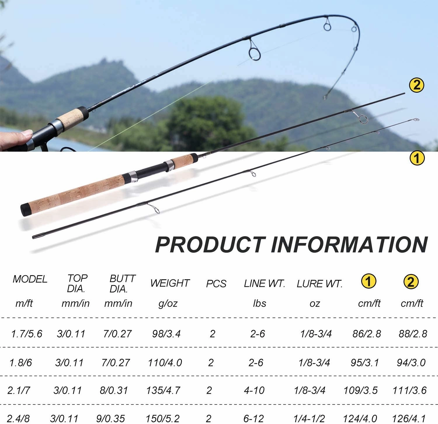 Ultra-Lightweight Two-Piece Graphite Trout Fishing Rod with Cork Handle for Crappie Spinning