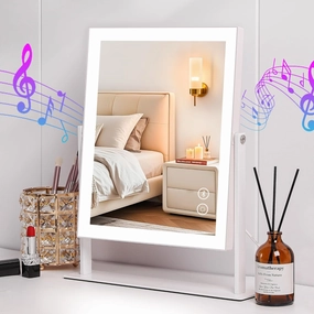 Vanity Makeup Mirror with Lights 9”x12” Hollywood Mirror with Music Speaker Dimmable 3 Color Lighting Light up Mirror with 10X Magnification 360 Degree Rotation for Bedroom Bathroom