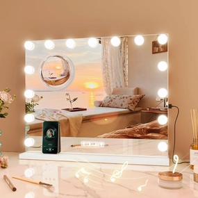 Vanity Mirror with Lights, 23"x18" Smart Illuminated Makeup Mirror with Speaker Extra Large, 3 Color Lighting Modes & 3X Magnification, with 15 Dimmable LED Bulbs, Tabletop/Hanging