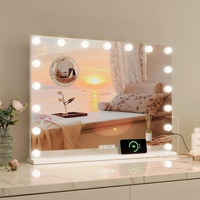 Vanity Mirror with Lights and Bluetooth, Makeup Mirror with 15 Dimmable LED Bulbs/USB Charging/Smart Touch/3 Colors Dimmable/10X Magnification/360° Rotation, Desktop&Wall Mount, Bedroom&Dressing Room