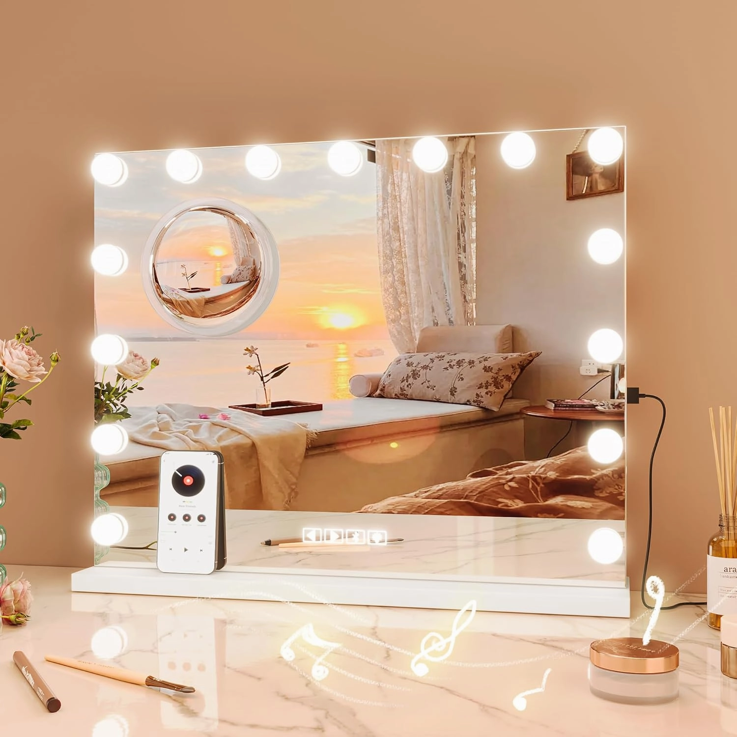 Vanity Mirror with Lights and Bluetooth, Makeup Mirror with 15 Dimmable LED Bulbs/USB Charging/Smart Touch/3 Colors Dimmable/10X Magnification/360° Rotation, Desktop&Wall Mount, Bedroom&Dressing Room