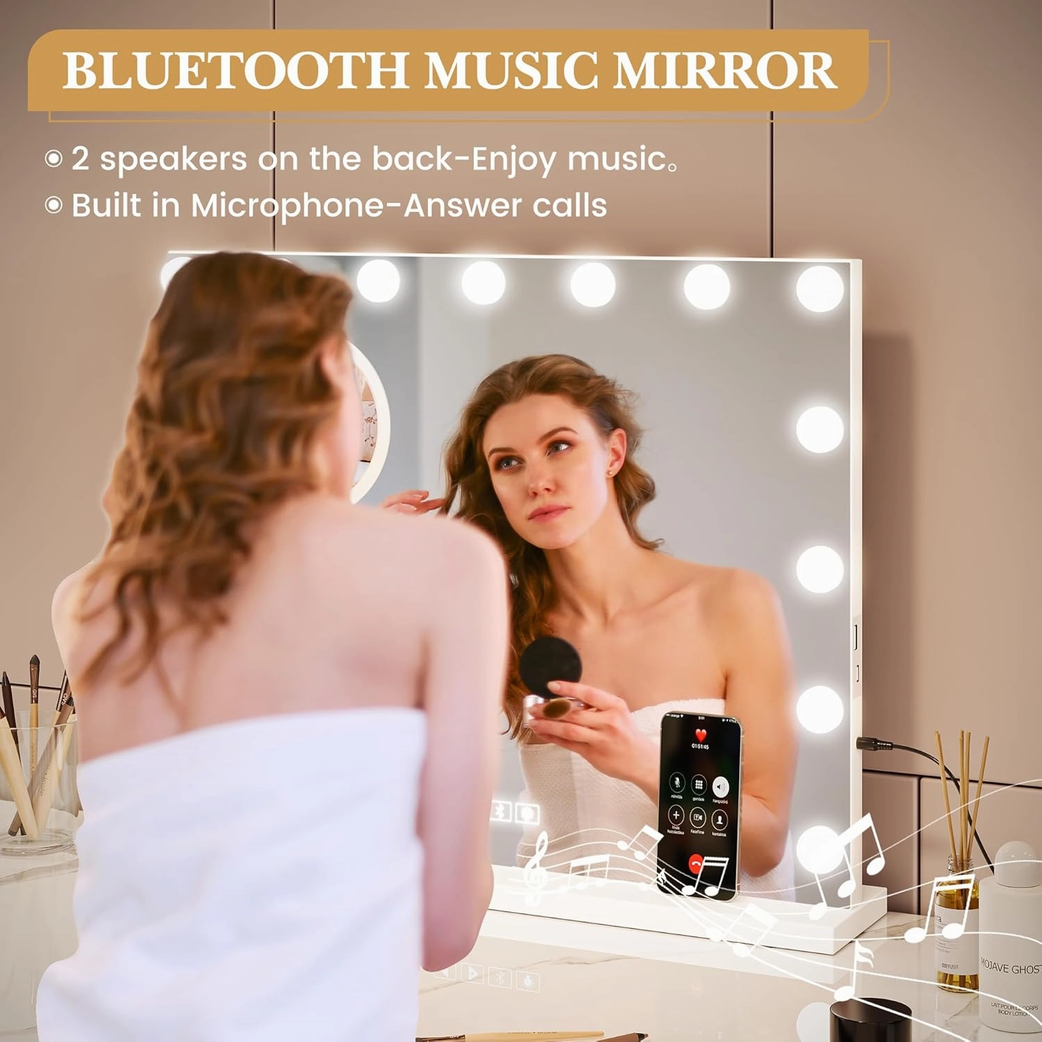 Vanity Mirror with Lights and Bluetooth, Makeup Mirror with 15 Dimmable LED Bulbs/USB Charging/Smart Touch/3 Colors Dimmable/10X Magnification/360° Rotation, Desktop&Wall Mount, Bedroom&Dressing Room