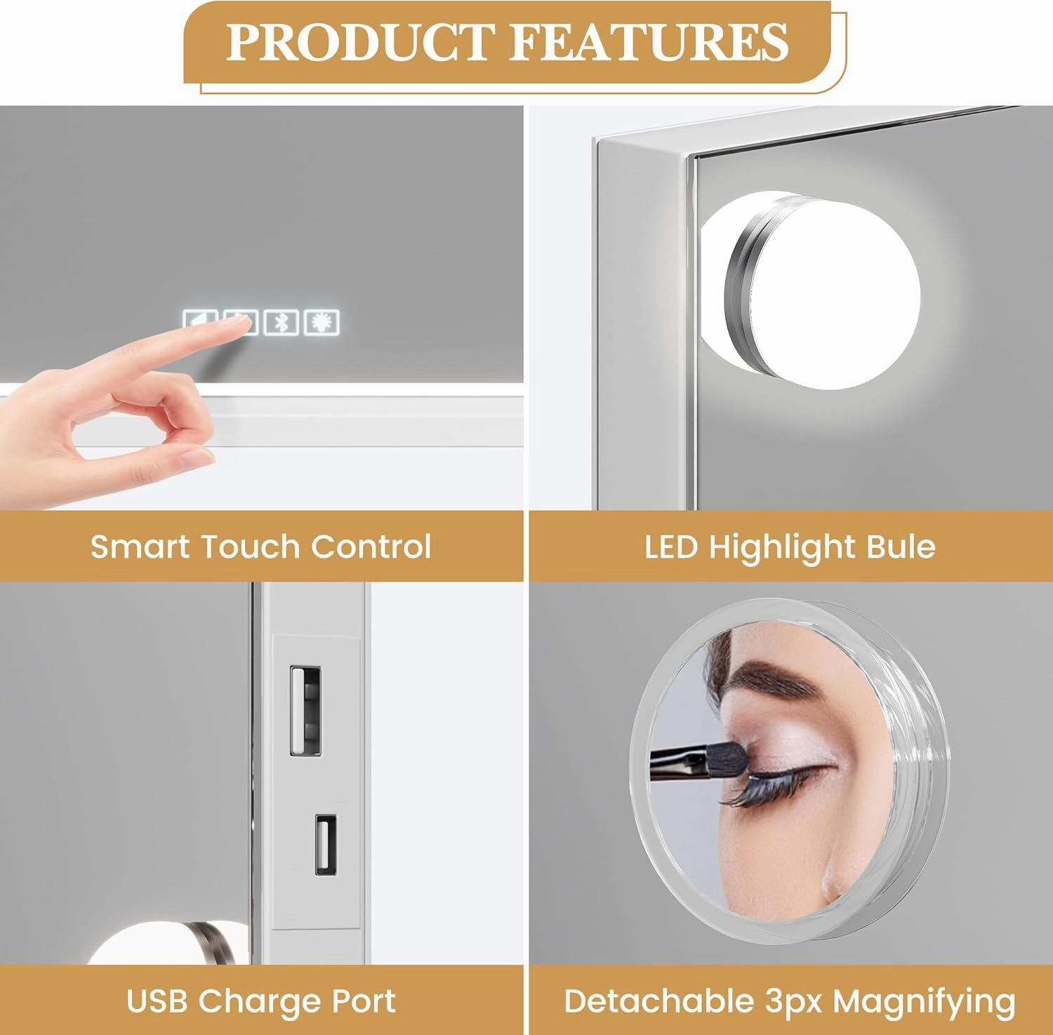 Vanity Mirror with Lights and Bluetooth, Makeup Mirror with 15 Dimmable LED Bulbs/USB Charging/Smart Touch/3 Colors Dimmable/10X Magnification/360° Rotation, Desktop&Wall Mount, Bedroom&Dressing Room