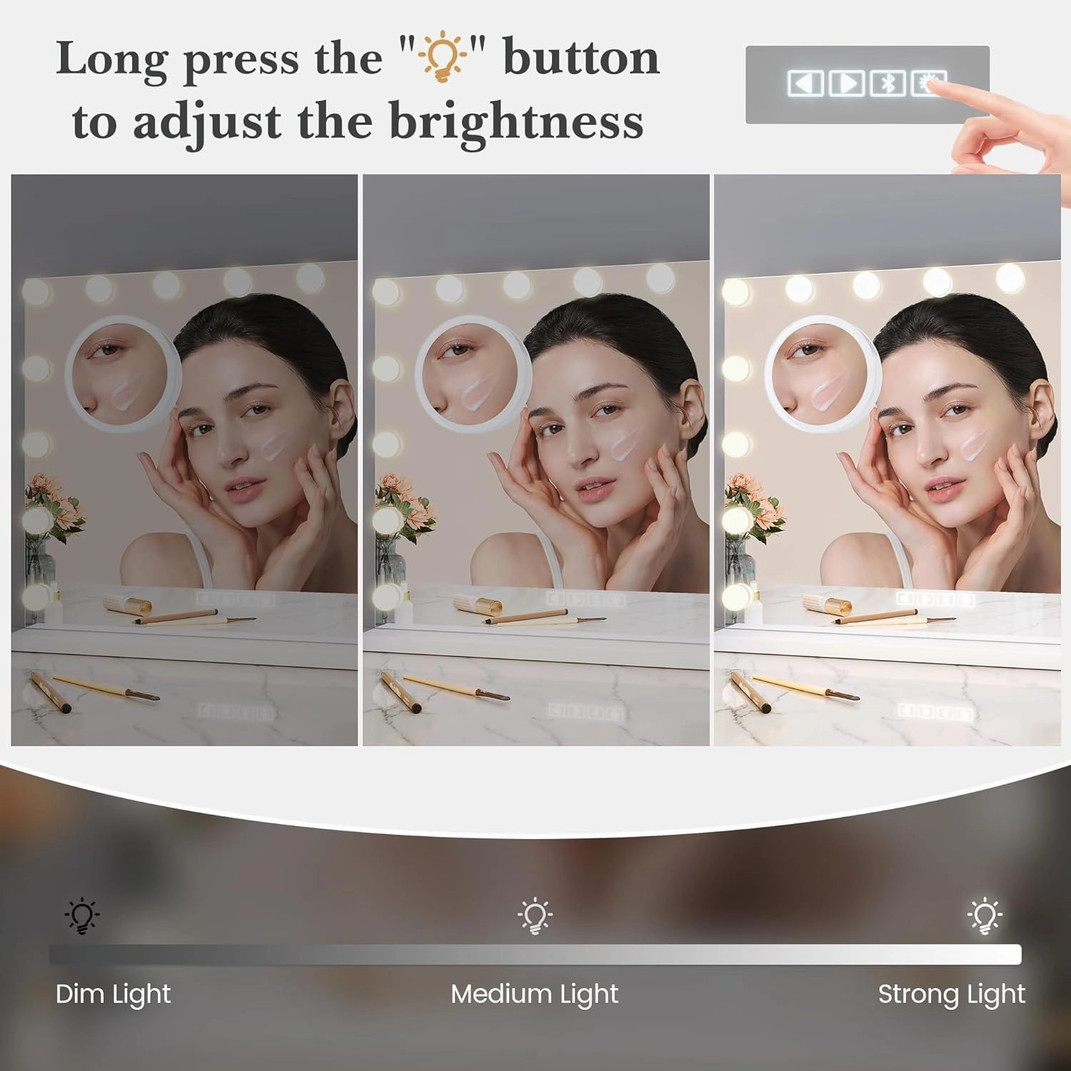 Vanity Mirror with Lights and Bluetooth, Makeup Mirror with 15 Dimmable LED Bulbs/USB Charging/Smart Touch/3 Colors Dimmable/10X Magnification/360° Rotation, Desktop&Wall Mount, Bedroom&Dressing Room